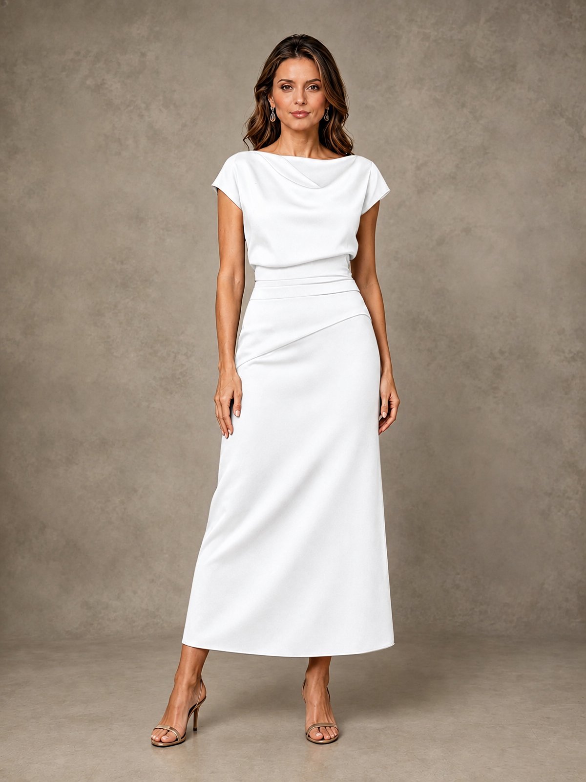Cowl Neck Satin Mother of the Bride Dress with Ruched Waist