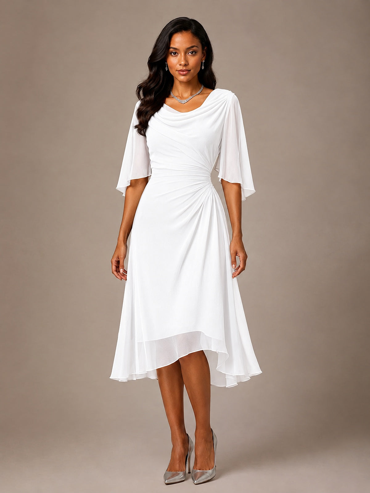 Cowl Neck Ruched Chiffon Mother of the Bride Dresses with Flutter Sleeves