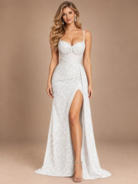 Burgundy Sequin Corset Prom Dress with High Slit