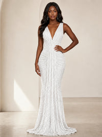 Sequin Mermaid Prom Dress with V-Neck and Ruched Waist