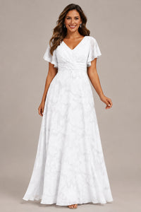 Jovellee Floral Chiffon A-Line Mother of the Bride Dress with Flutter Sleeves