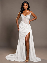 White Strapless Sequin Corset Mermaid Prom Dress with High Slit & Train Sparkly Evening Formal Gown