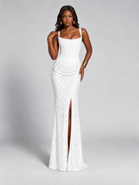 Sequin Corset Mermaid Prom Dress with Square Neck Wide Strap High Slit