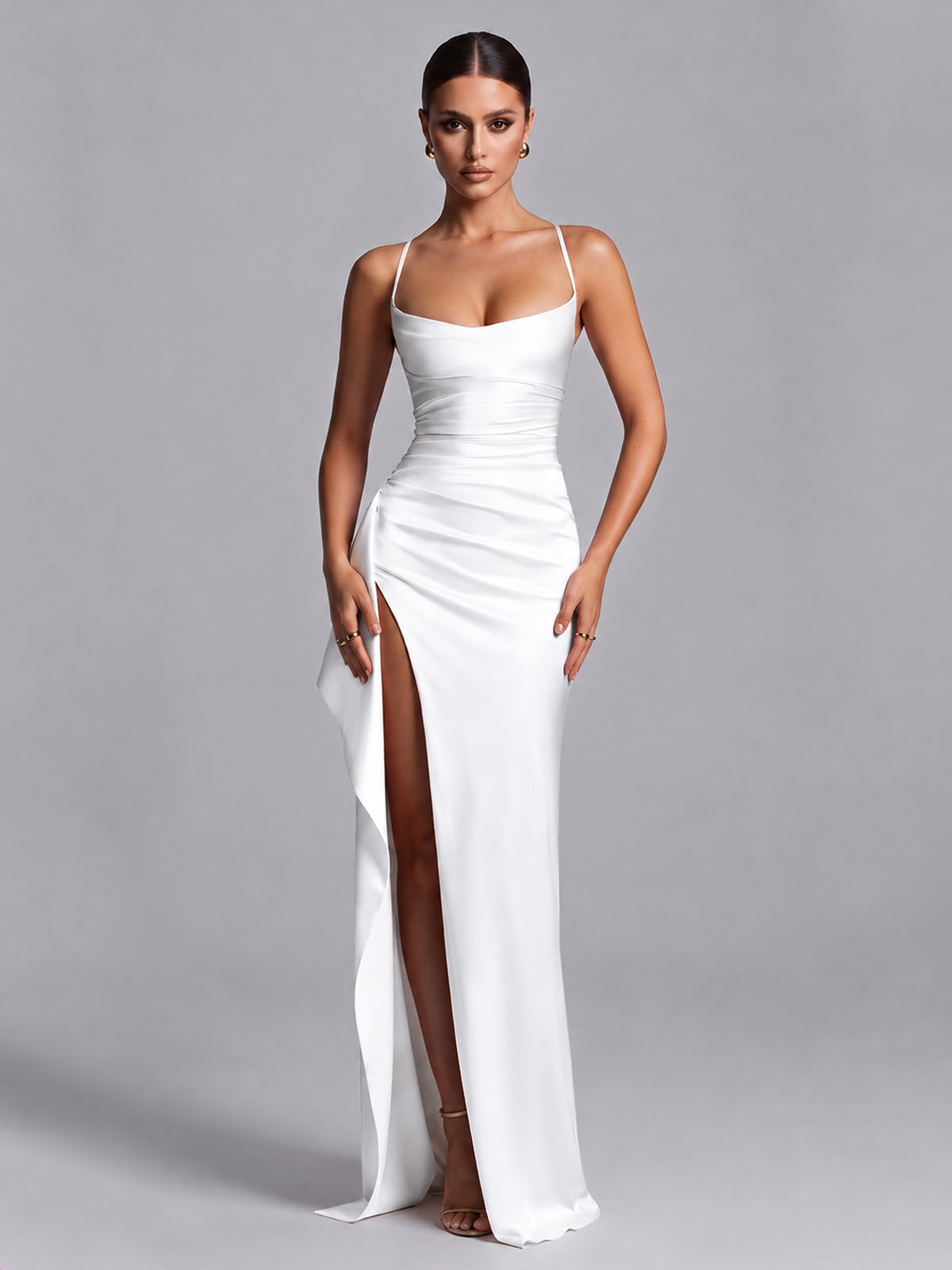 White Squre Neck Pleated Satin Prom Dresses for Teens Women Long Evening Formal Gown with Slit Ruffles