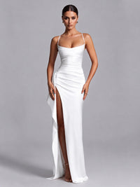 White Squre Neck Pleated Satin Prom Dresses for Teens Women Long Evening Formal Gown with Slit Ruffles