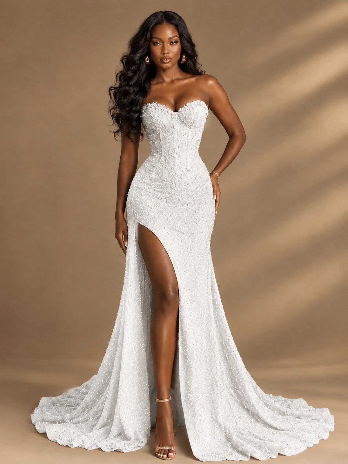 Beaded Sequin Prom Dress Strapless Formal Gowns with High Slit Train