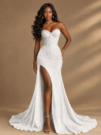 Beaded Sequin Prom Dress Strapless Formal Gowns with High Slit Train