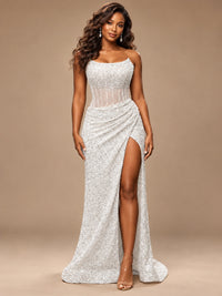 Gold Sequin Strapless Corset Prom Dress with High Slit