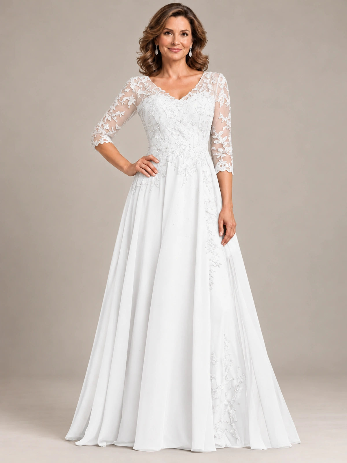 Sequin Lace A-Line Mother of the Bride Dress with 3/4 Sleeves