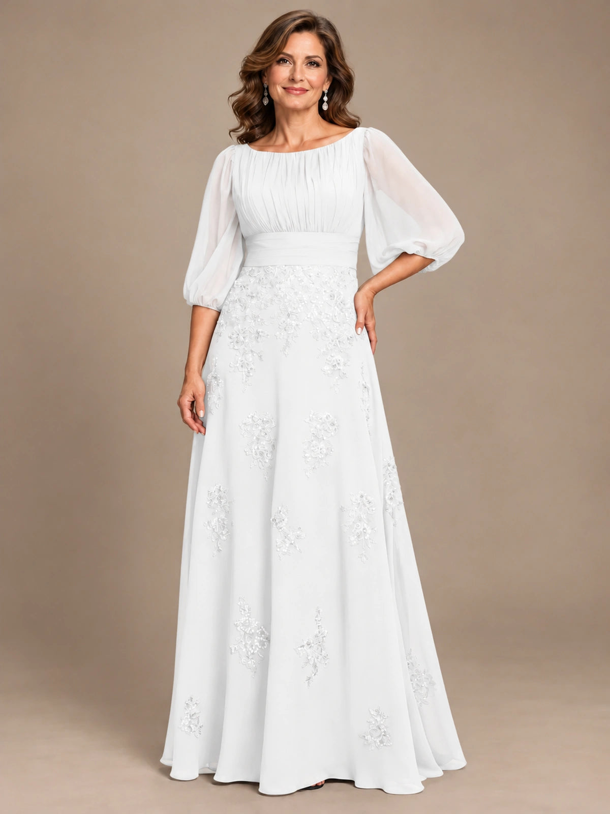 A-Line Mother of the Bride Dress with Sheer Puff Sleeves