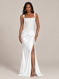 Scoop Neck Sequin Prom Dress with High Slit Satin Formal Gowns