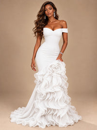 Dusty Blue Off-the-Shoulder Mermaid Prom Dress with 3D Rose & Ruffles