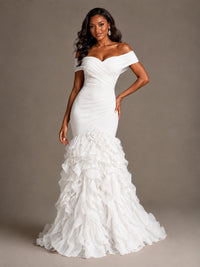Pink Off-the-Shoulder Mermaid Prom Dress with Ruffles 3D Flowers