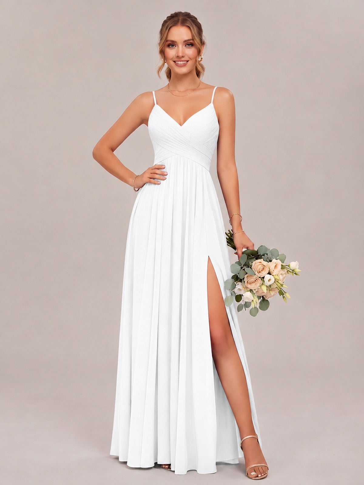 White Spaghetti Straps Pleated Chiffon Bridesmaid Dress with Slit V-Neck A-line Long Formal Evening Wedding Guest Gown