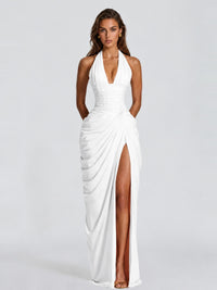 Ruched Halter Neck High-Slit Prom & Evening Dress