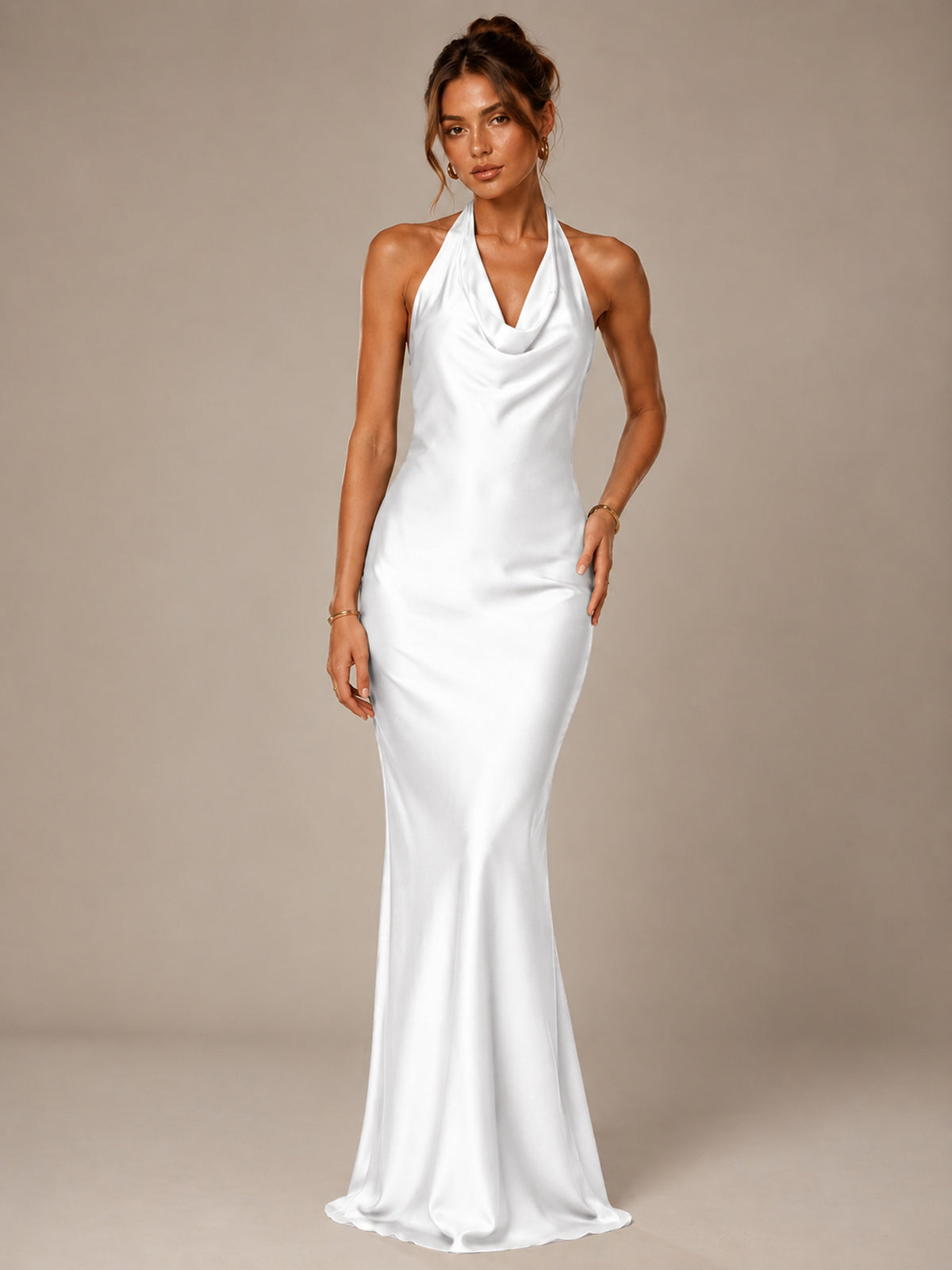 Olive Green Halter Satin Mermaid Maxi Dress