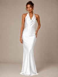 Olive Green Halter Satin Mermaid Maxi Dress