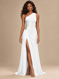 Burgundy One Shoulder Ruched Prom Dress with High Slit & Beaded Waist