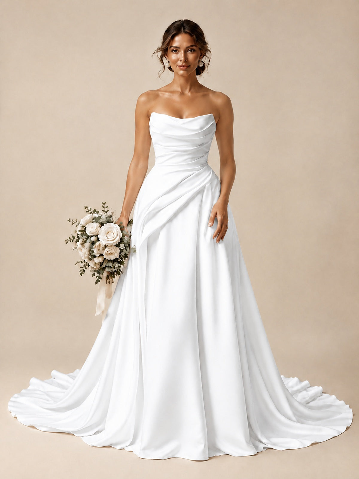 Split Pleated Satin Wedding Dress Strapless Bridal Wedding Gowns with Lace-Up Back