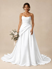 Split Pleated Satin Wedding Dress Strapless Bridal Wedding Gowns with Lace-Up Back