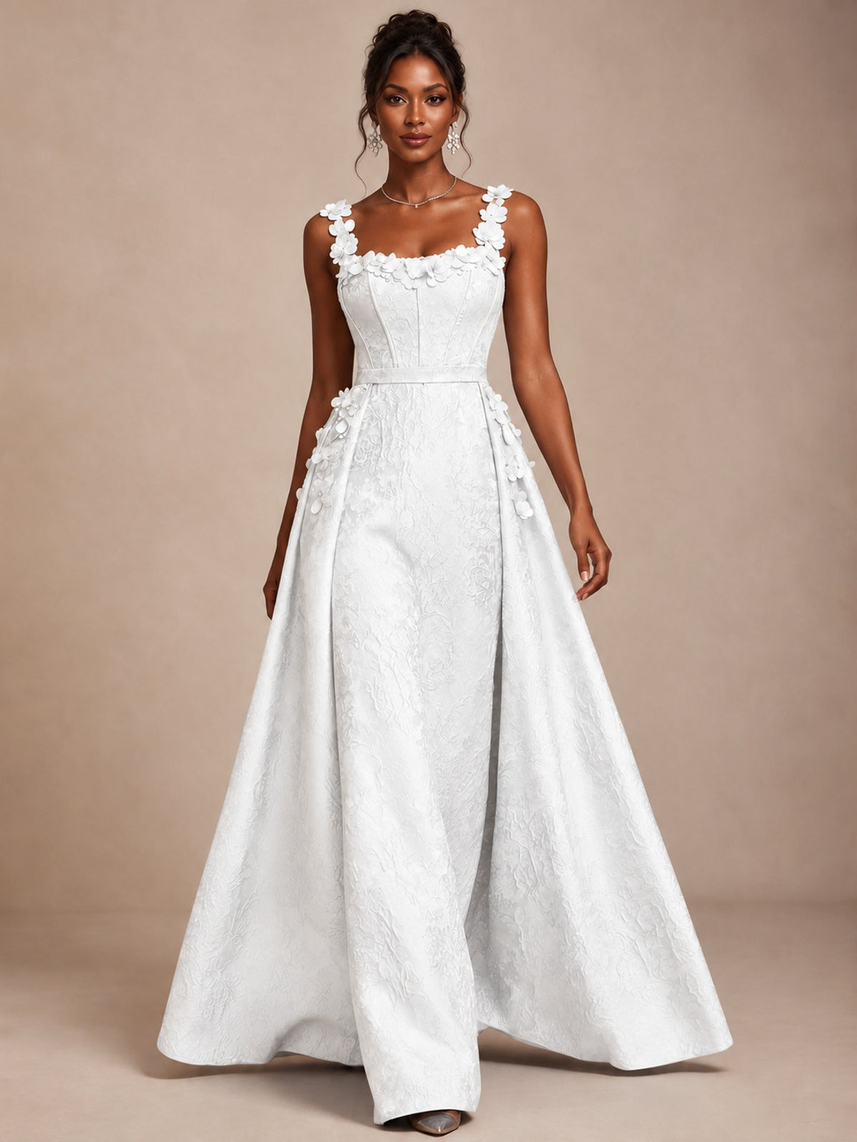 Light Blue 3D Floral Jacquard Prom Dress with Detachable Overskirt Corset Gown