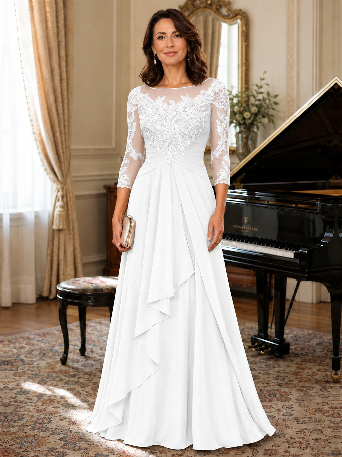A-Line Chiffon Mother of the Bride Dress with Floral Applique 3/4 Sleeves