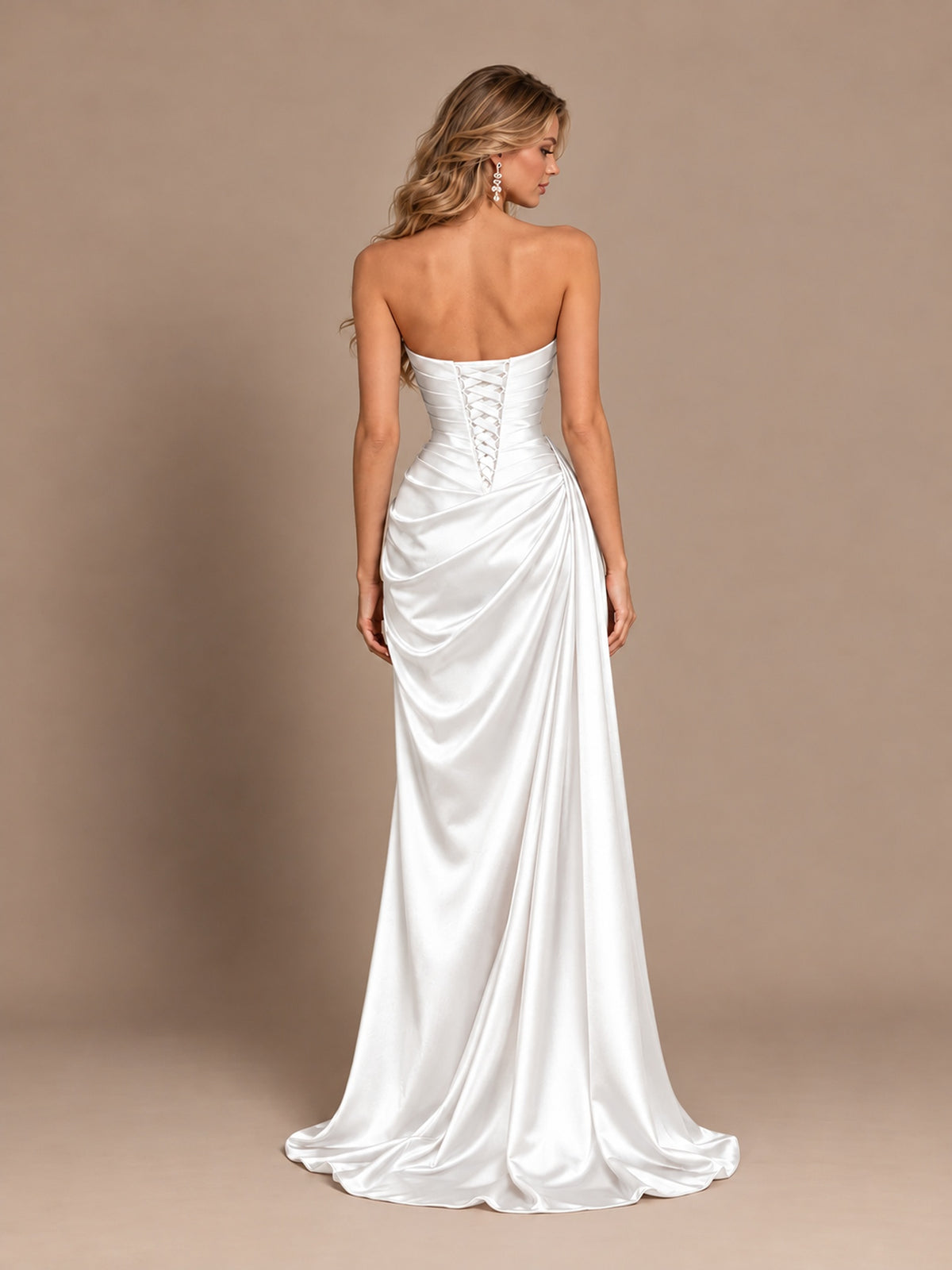 Dusty Blue Strapless Satin Prom Dress with Ruched Bodice and Slit