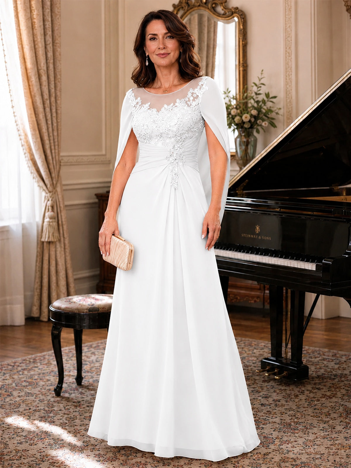 Elegant Applique Chiffon Mother of the Bride Dress with Cape Sleeves