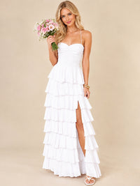Ruffled Tiered Chiffon Prom Dress Spaghetti Straps Formal Maxi Dress with Slit