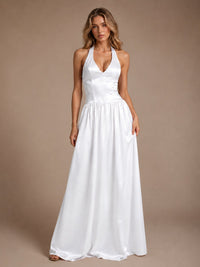 Pink V Neck Halter Satin Maxi Dress