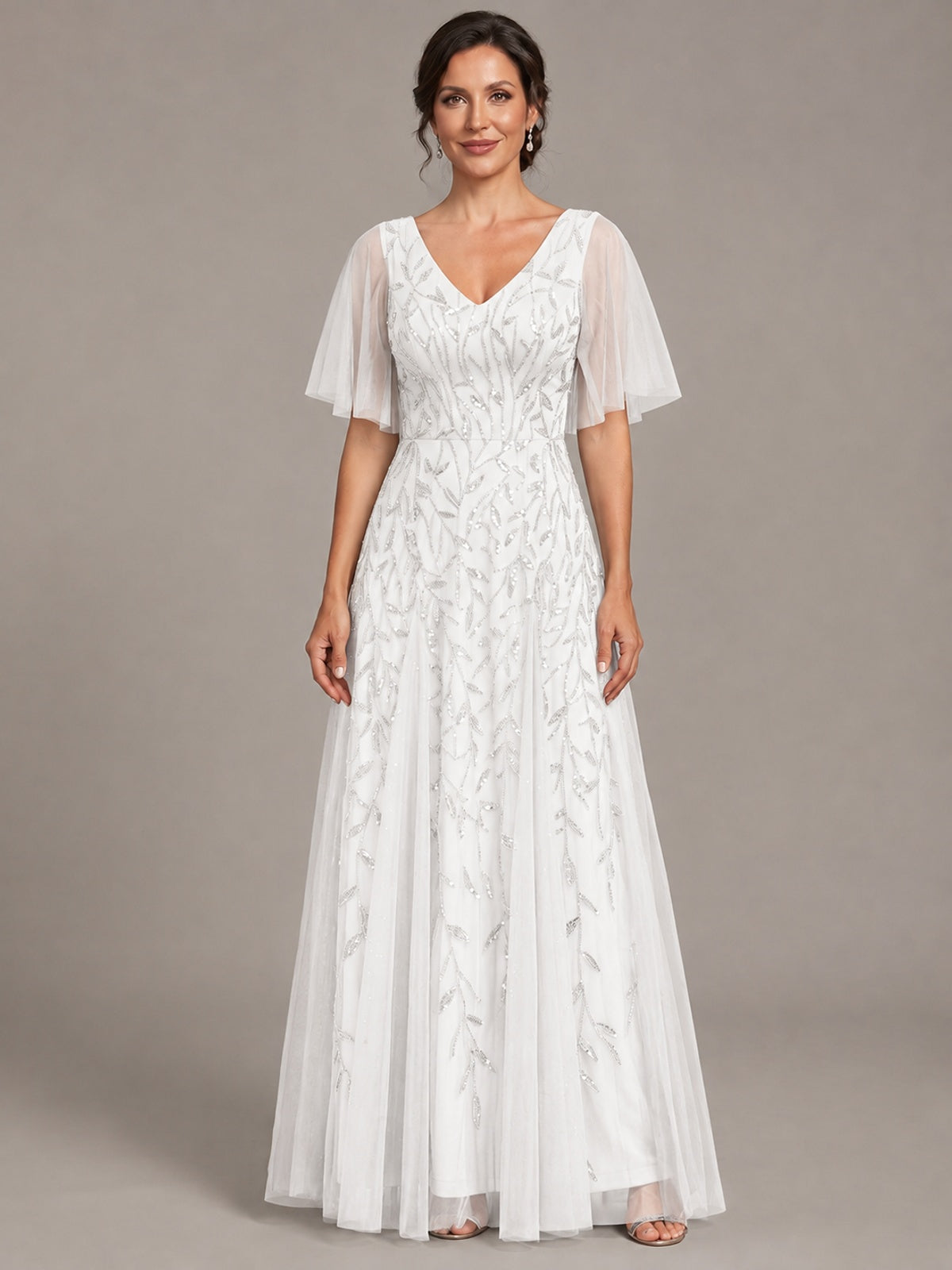 White V-Neck Sequin Tulle Mother of the Bride Dress with Flutter Sleeve A-line Evening Formal Wedding Guest Dress