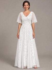 White V-Neck Sequin Tulle Mother of the Bride Dress with Flutter Sleeve A-line Evening Formal Wedding Guest Dress
