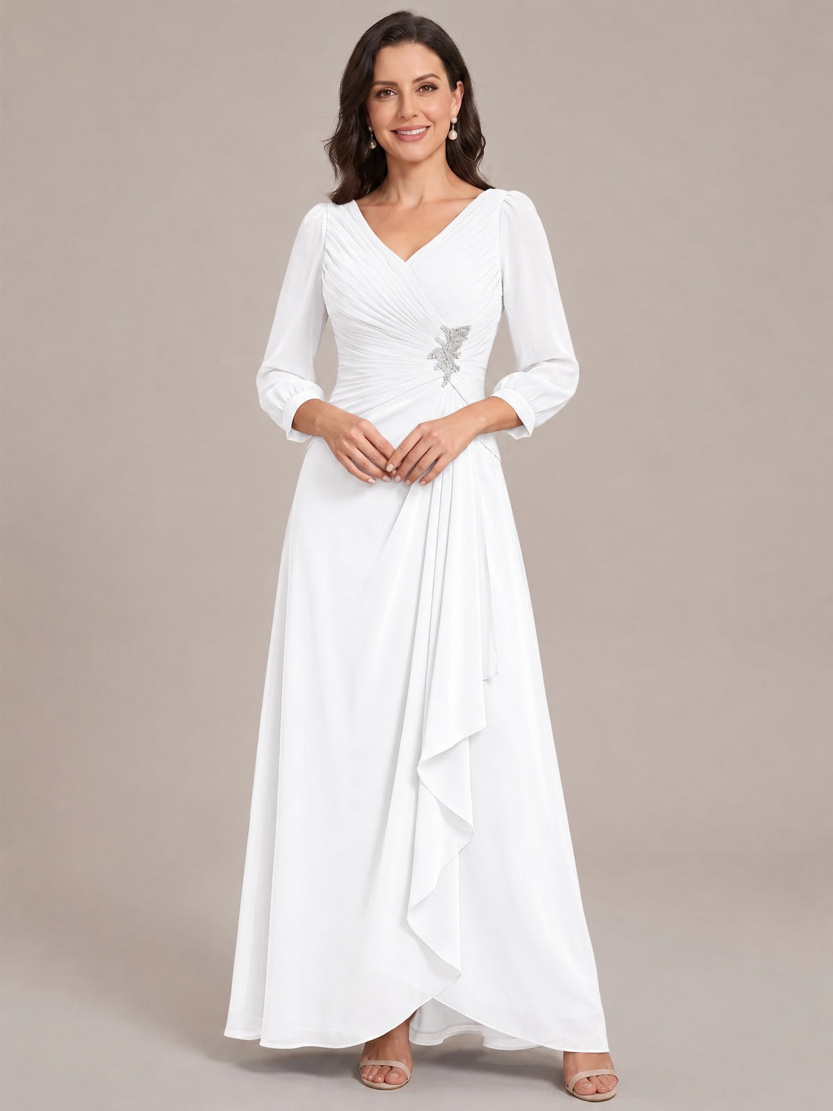 White-Long Sleeve Chiffon Beaded Mother of The Bride Dresses for Women