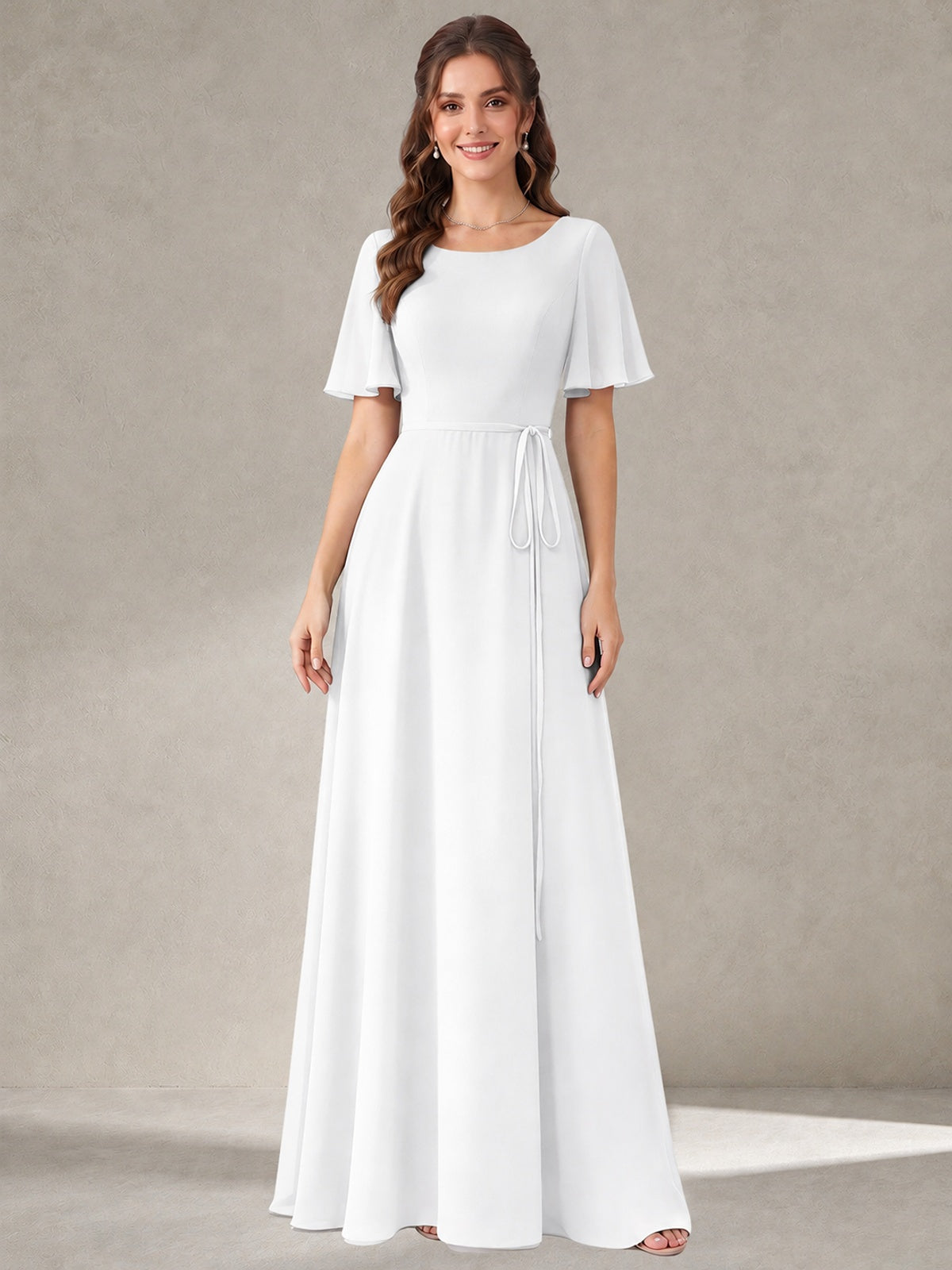 White Scoop Neck A-line Chiffon Bridesmaid Dress with Belt Flutter Sleeve Formal Wedding Guest Dress Evening Gown