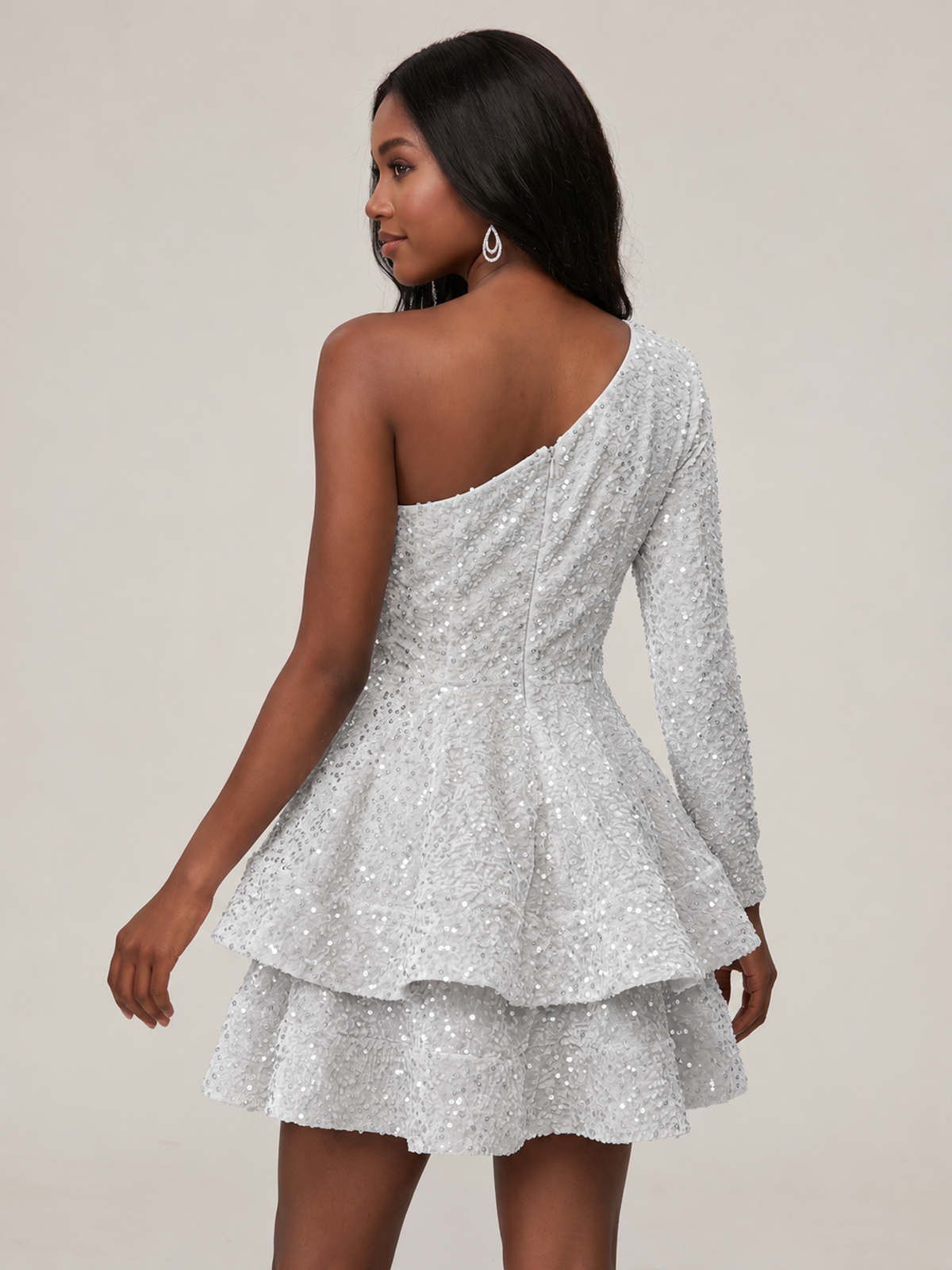 Puffy One Shoulder Sequin Tiered Mini Dress