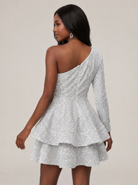 Puffy One Shoulder Sequin Tiered Mini Dress