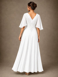 V-Neck Chiffon Lace Mother of the Bride Dress with Flutter Sleeves