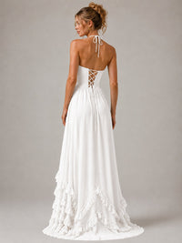 Halter V Neck Chiffon Formal Dress with Lace-Up Back and Ruffle Hem