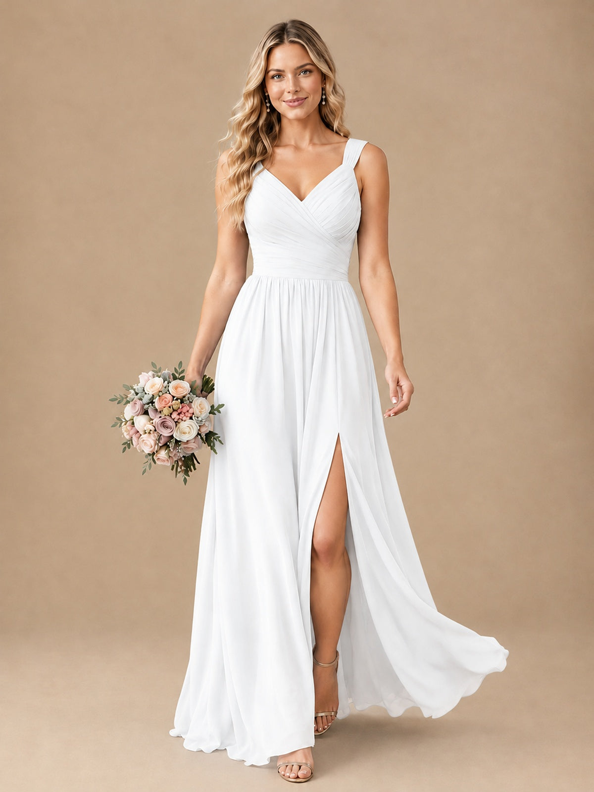 Pleated Chiffon V Neck Wedding Bridesmaid Dresses Floor Length with Slit