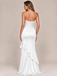Strapless Lace Appliques Corset Satin Prom Dress Ruffle Slit Evening Gown