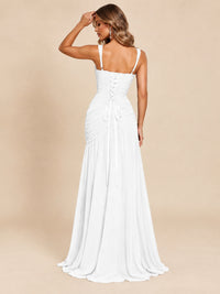 Wrap Pleated Prom Dress Scoop Neck with Slit Women Wedding Formal Dress