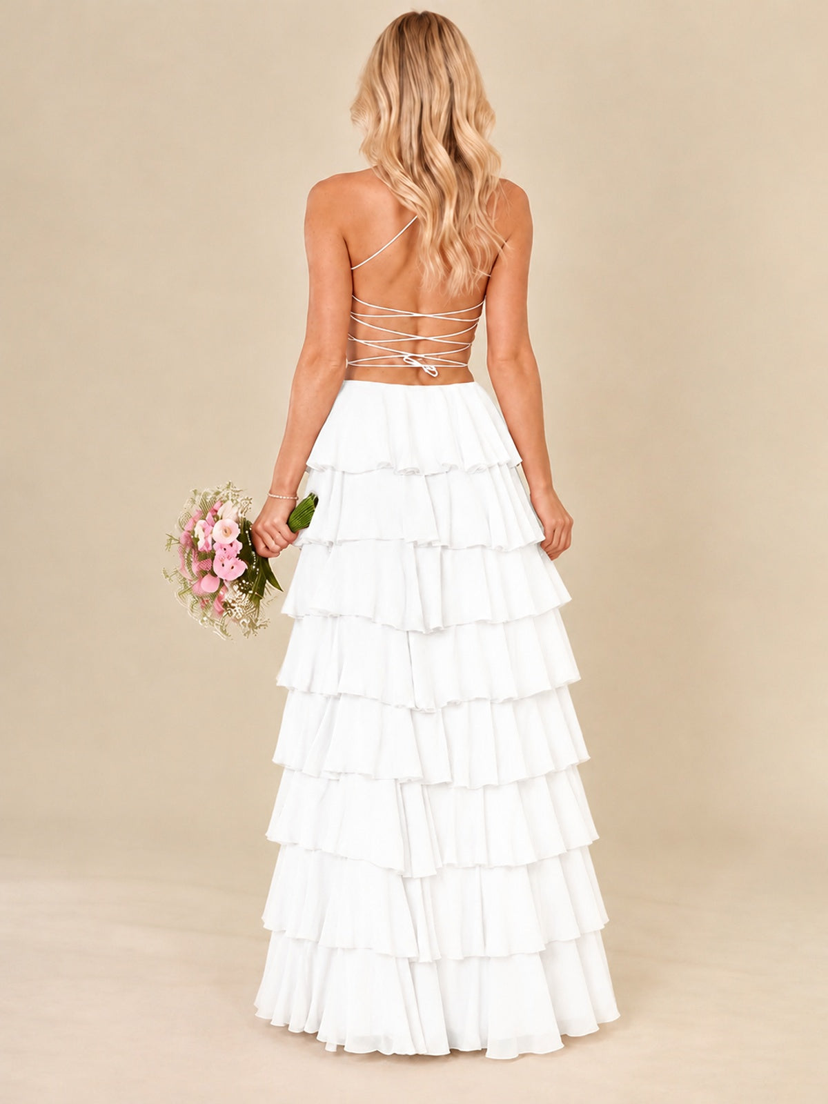 Ruffled Tiered Chiffon Prom Dress Spaghetti Straps Formal Maxi Dress with Slit