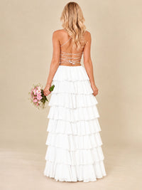 Ruffled Tiered Chiffon Prom Dress Spaghetti Straps Formal Maxi Dress with Slit