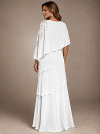 Elegant Chiffon Cape Sleeve Beaded Mother of the Bride Dress