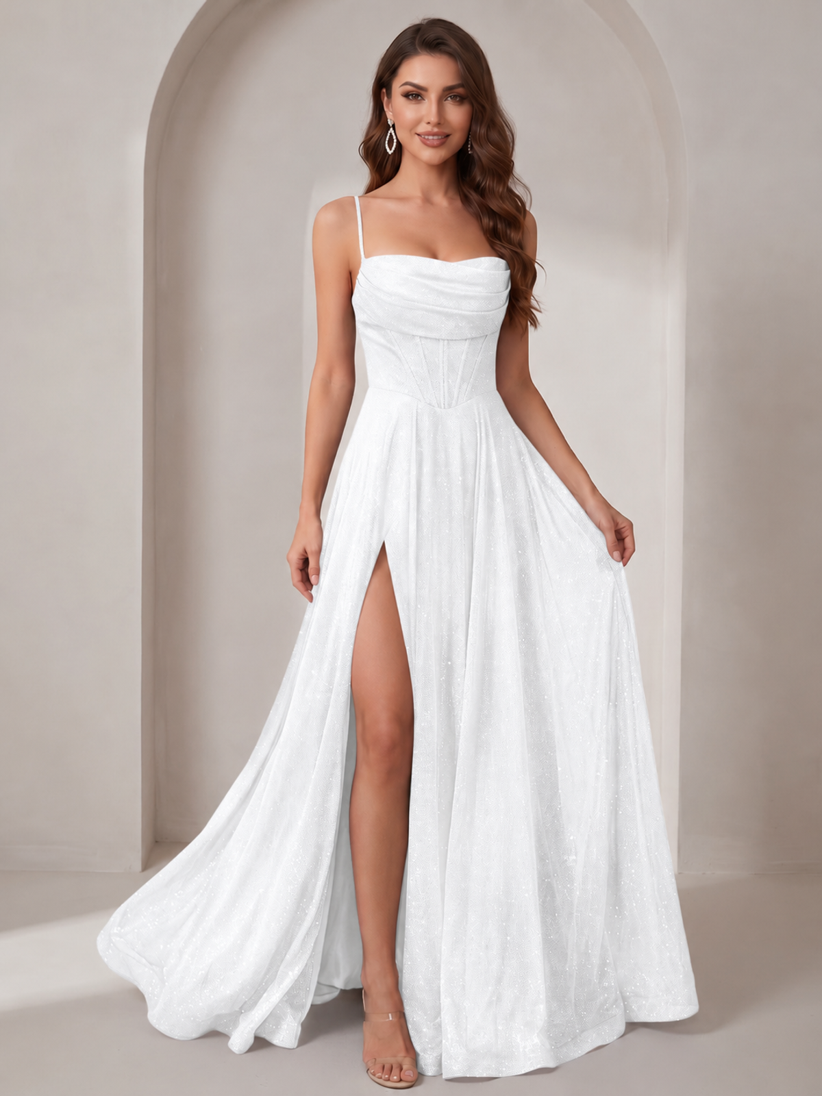 Sparkly Cowl Neck Corset Long Prom Dress with Slit A-line Tulle Ball Gown