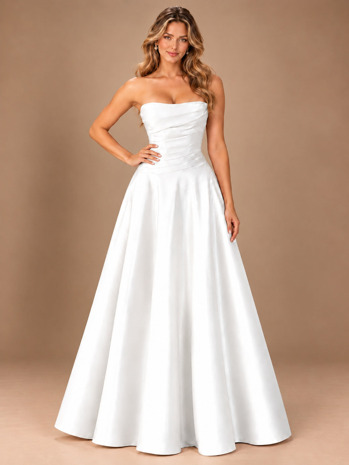 Blush Pink Strapless Satin A-Line Prom Dress with Ruched Bodice