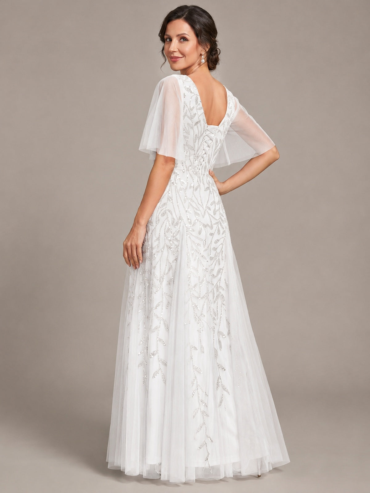 V-Neck Sequin Tulle Mother of the Bride Dress with Flutter Sleeve