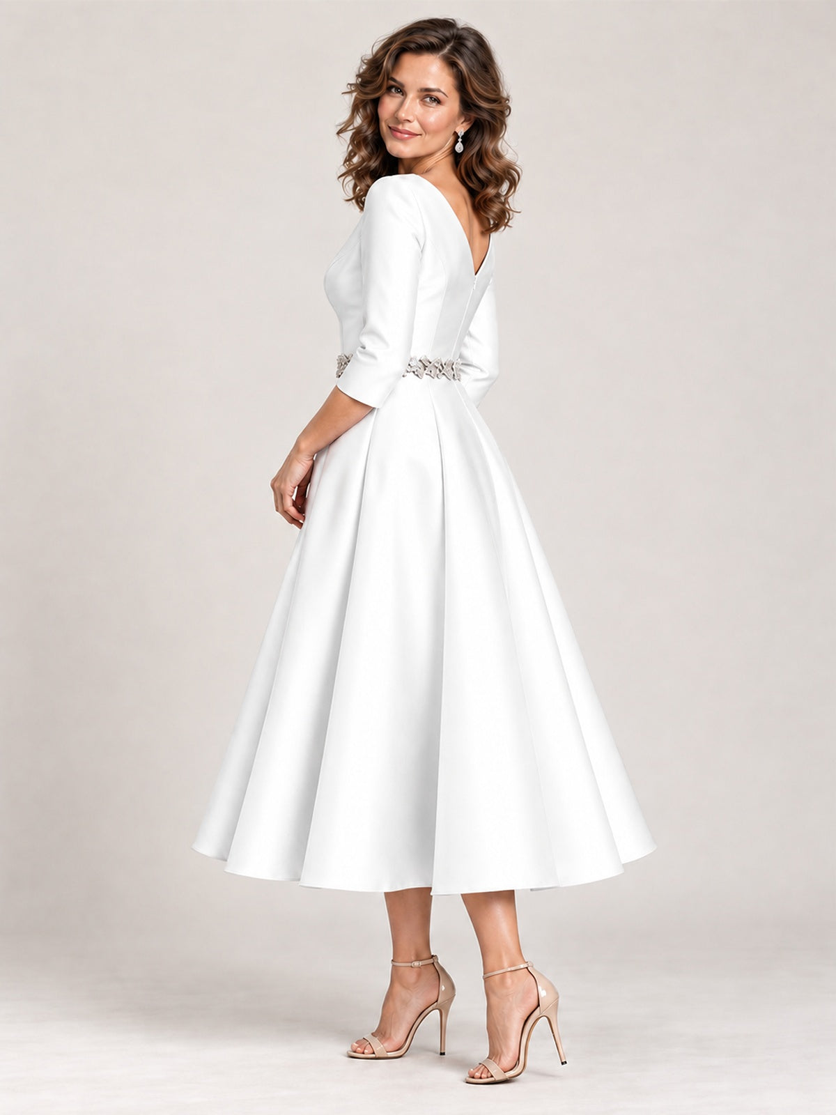 V-Neck Tea-Length Mother of the Bride Dress with Embellished Waist