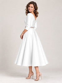 V-Neck Tea-Length Mother of the Bride Dress with Embellished Waist