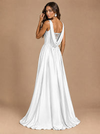 Cowl Neck Pleated Satin Prom Dress with Pockets & Slit Maxi Formal Gowns